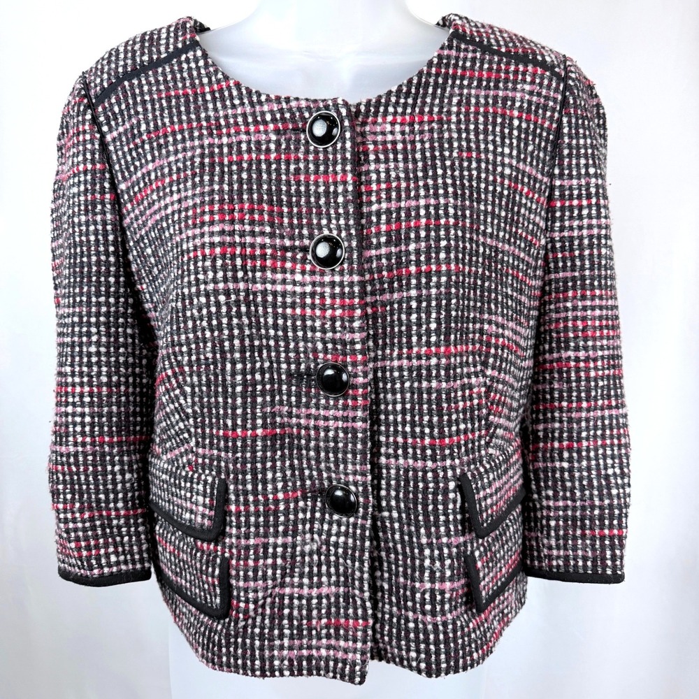 Ann Taylor LOFT Size 14 Collarless Tweed Jacket 3/4 Sleeve Black Pink White
